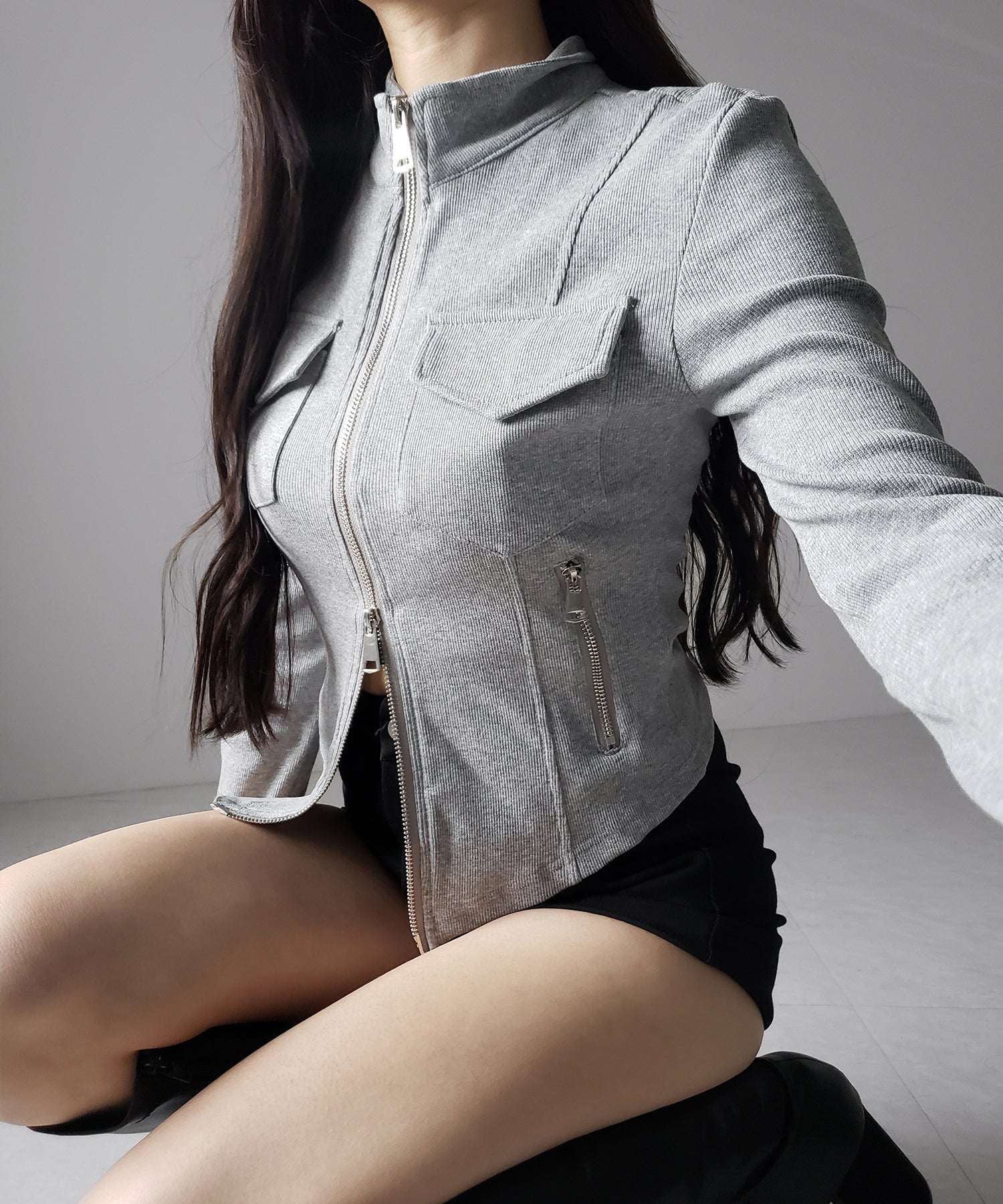 アウトポケットダブルジップスリムリブトップス / out pocket double zip slim ribbed tops