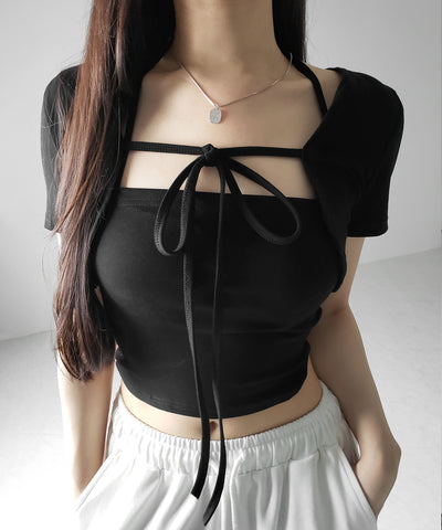 【 2点セット 】フロントリボンショートカーディガン+ ホルターキャミソール SET / front ribbon short cardigan + halter camisole SET