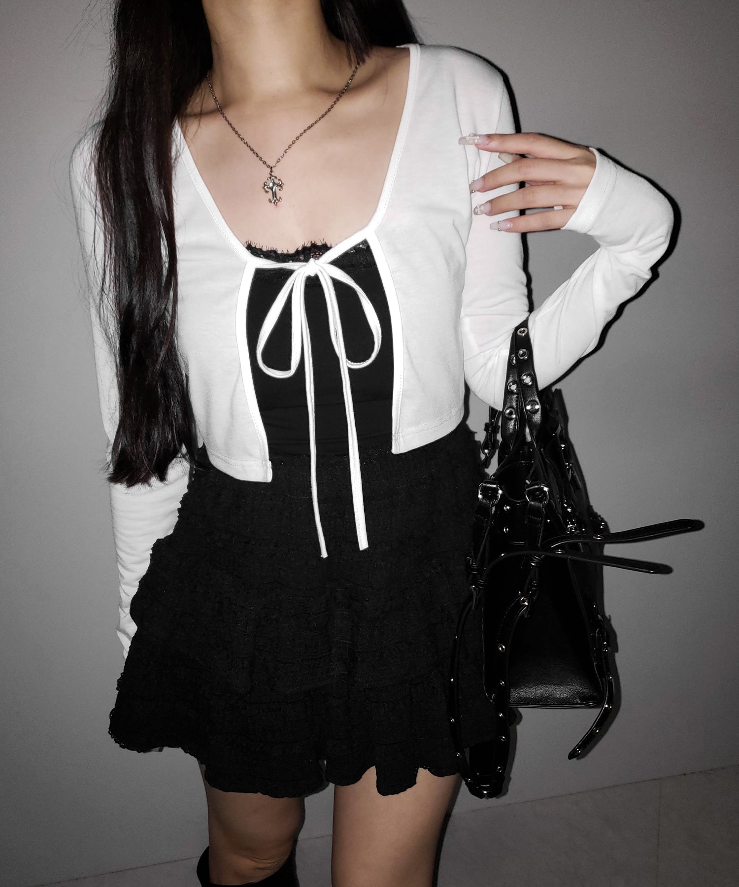 【 2color 】フロントリボンカットソーショートカーディガン / front ribbon cutsew short cardigan
