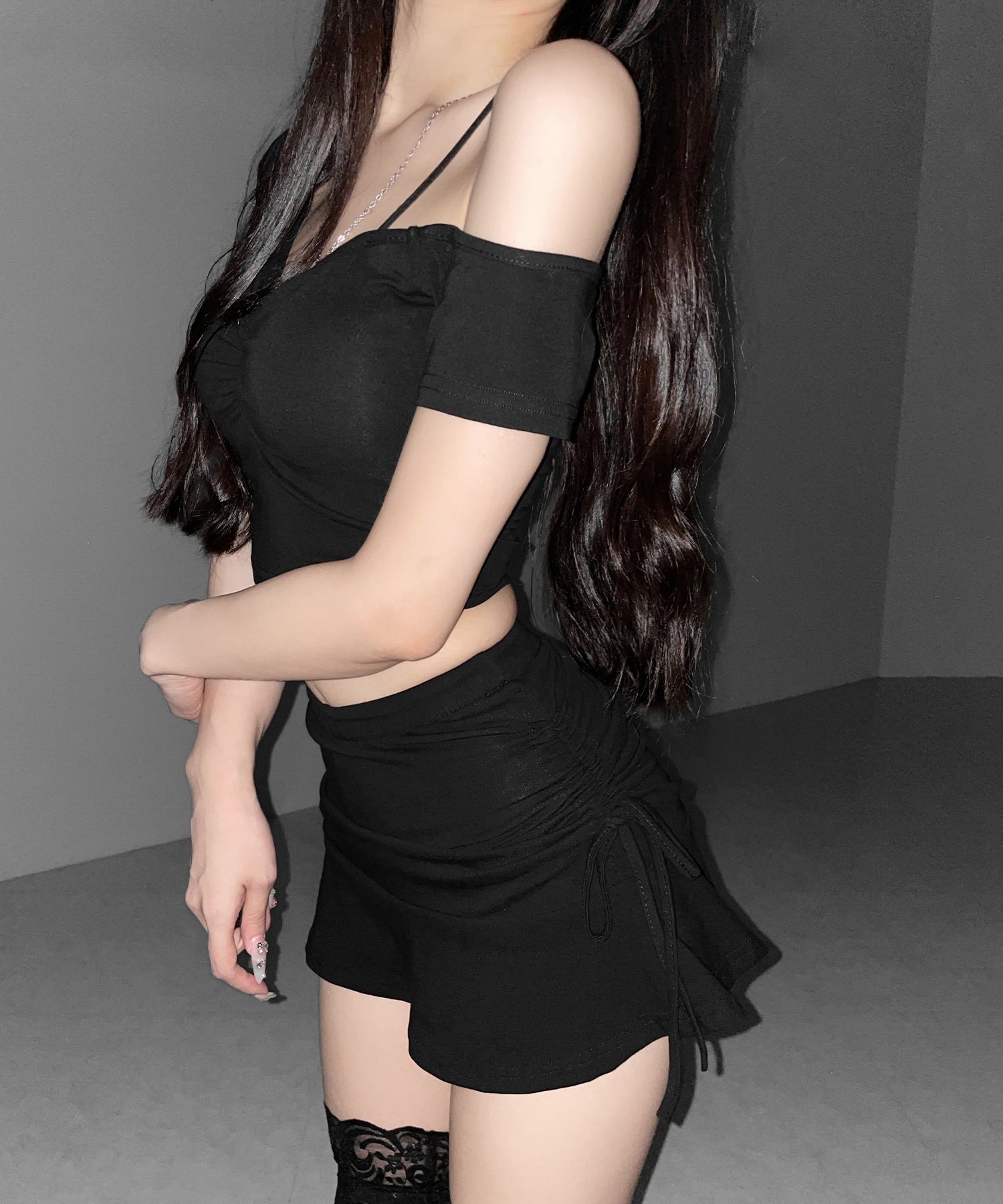 ワンショルギャザートップス + シャーリングリボンスカート SETUP / ( SETUP ) one shoulder gather tops + shirring ribbon skirt SET