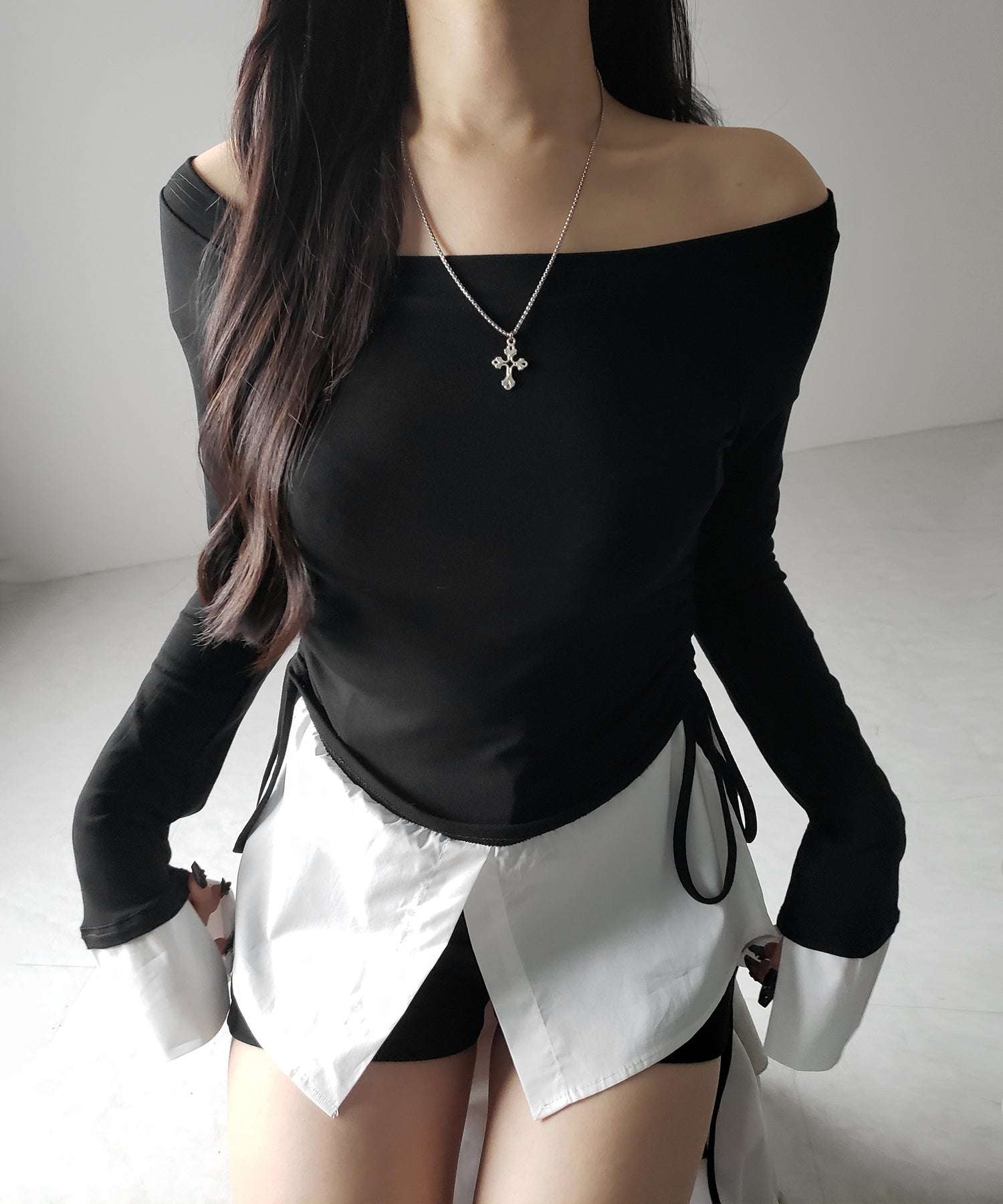 【 2WAY 】シャツドッキングサイドリボンワンショルトップス /shirt docking side ribbon oneshoulder tops