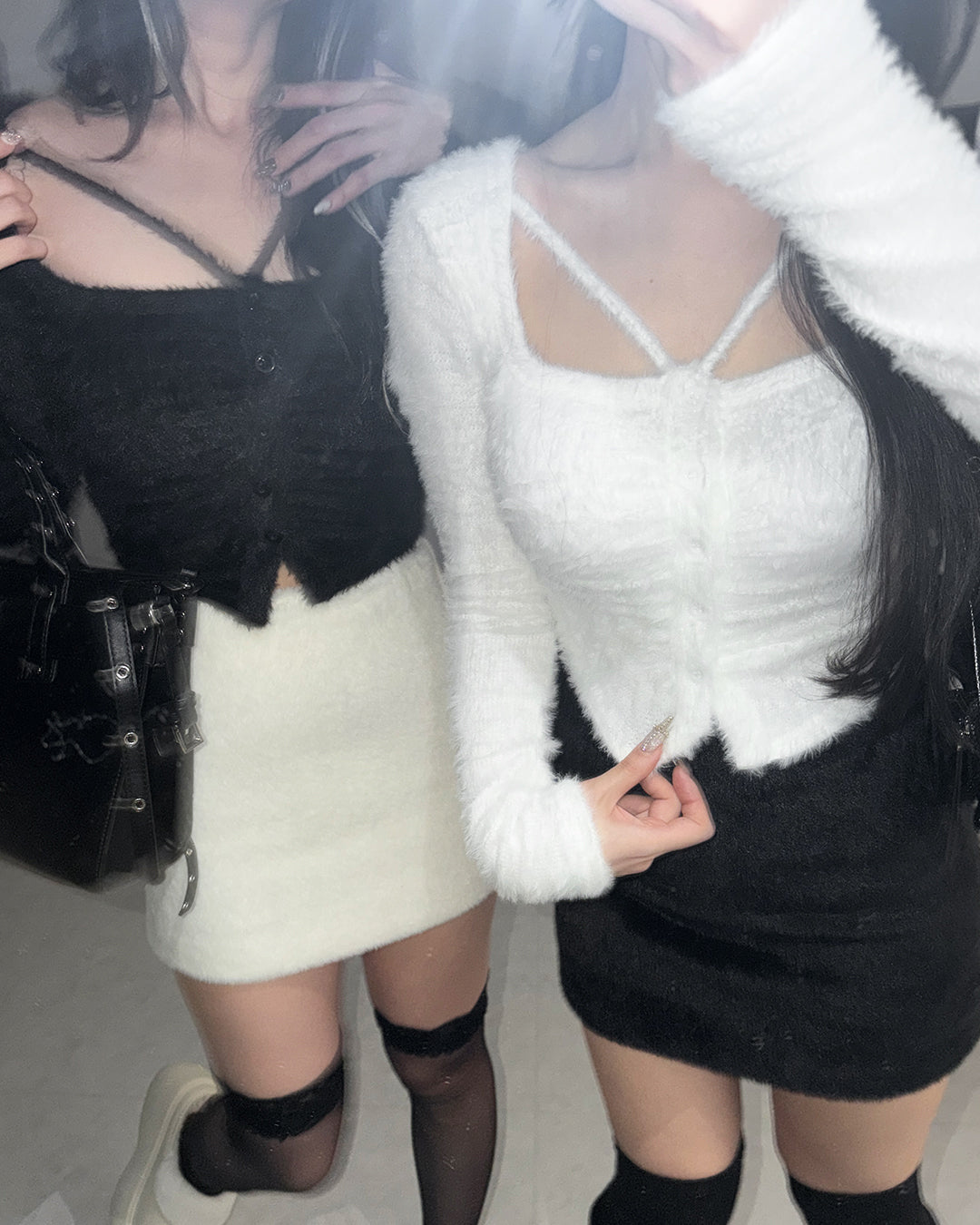 クロスストラップスクエアショートシャギーカーディガン / cross strap square short shaggy cardigan