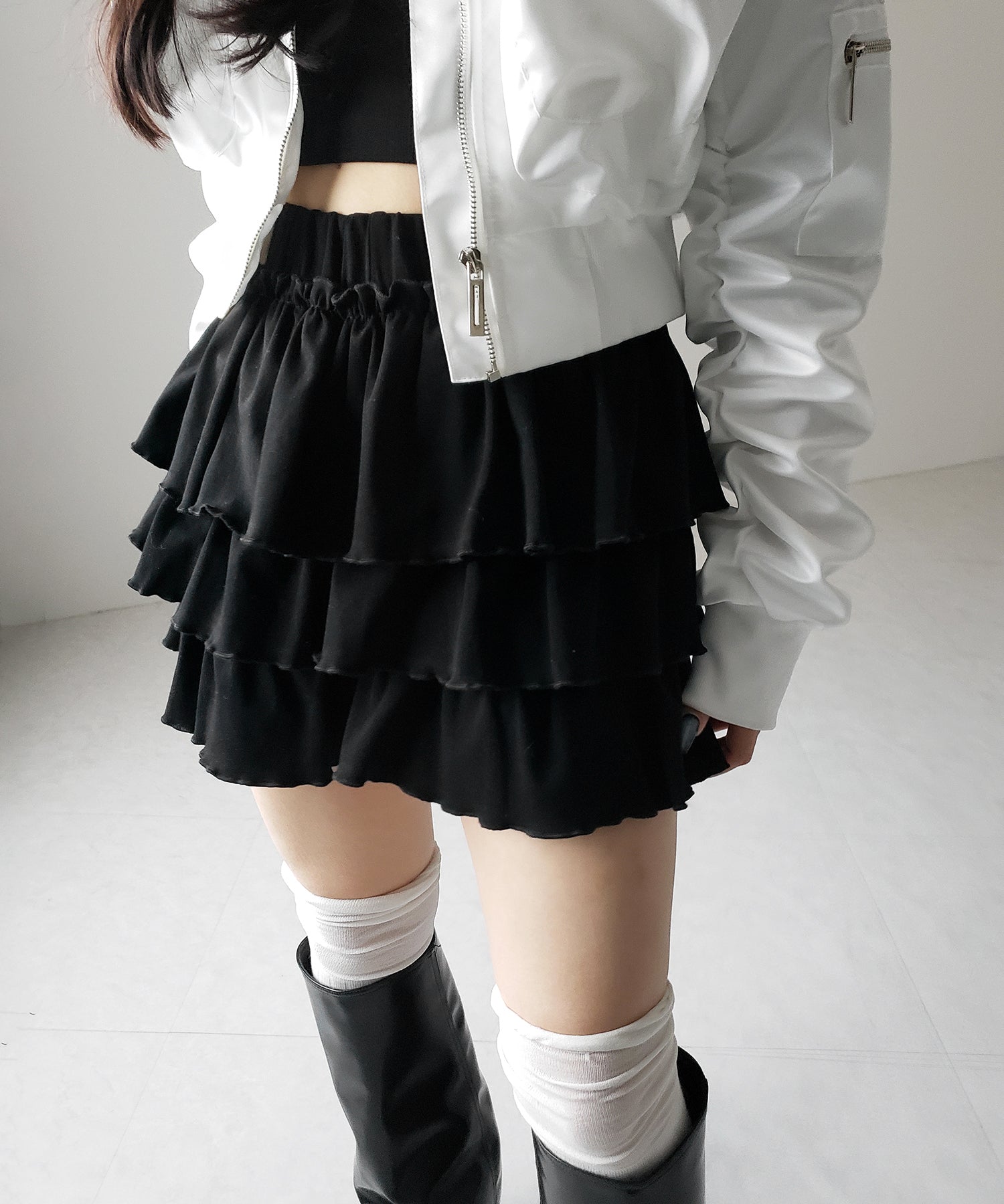 【 新色ピンク追加!4color 】3段フリルカットソーミニスカパン / 3 frill cutsew mini skirt pants