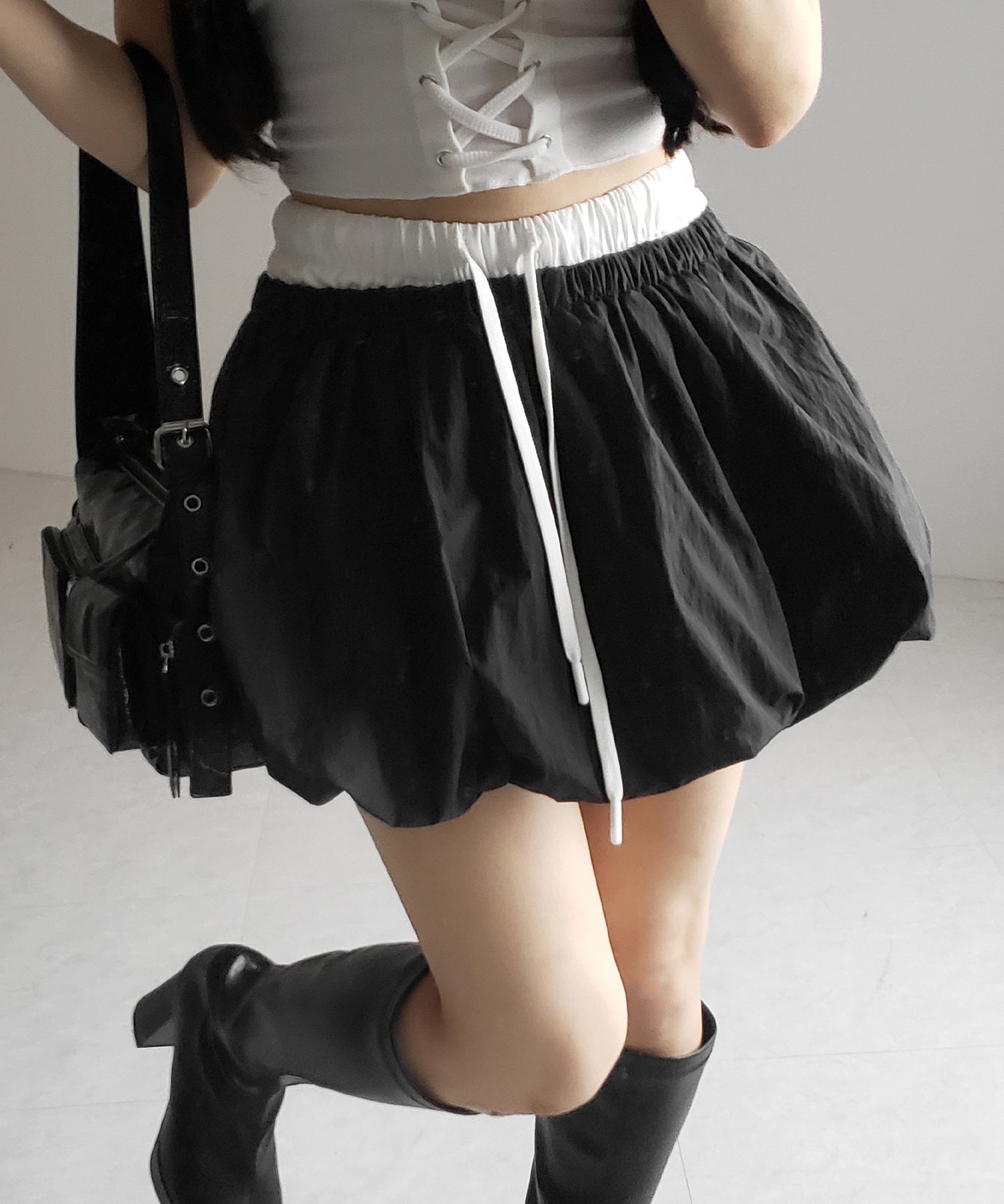 【 2color /インパン裏地付き 】フェイクレイヤードコットンバルーンミニスカート / fake layered cotton balloon mini skirt