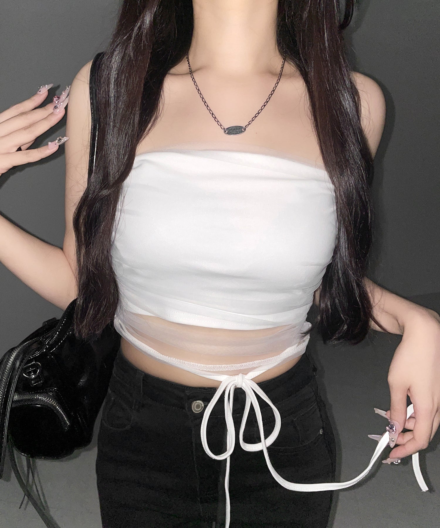 ウエストクロスチュールドッキングベアトップ / waist cross tulle docking bare top