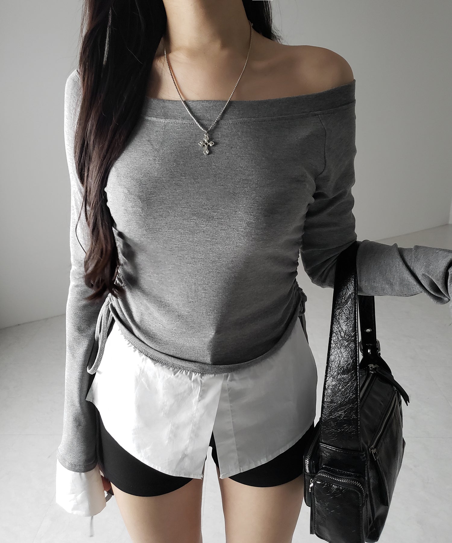 【 2WAY 】シャツドッキングサイドリボンワンショルトップス /shirt docking side ribbon oneshoulder tops