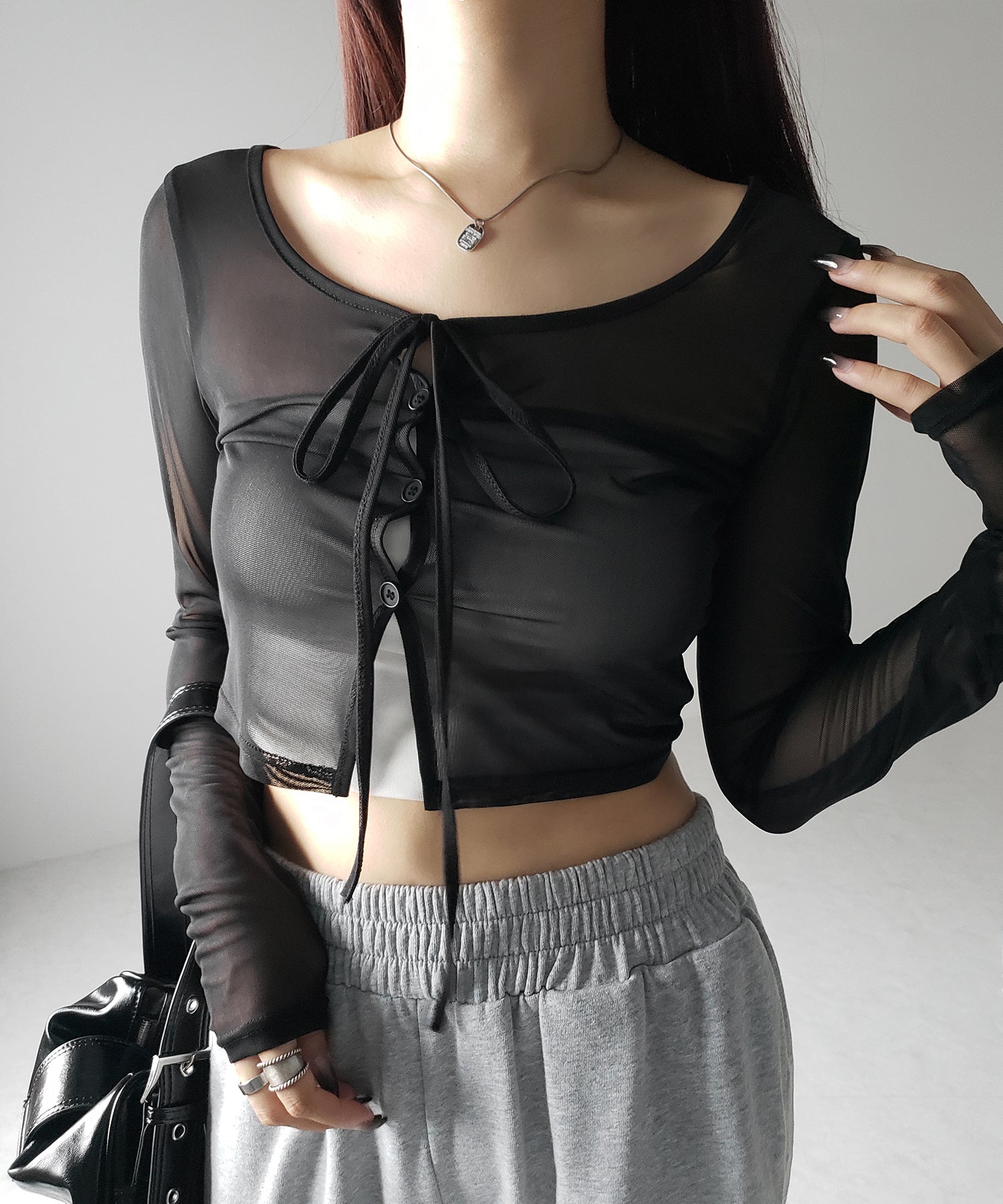 【 3color / 2WAY 】クロスストラップリボンシアーショートカーディガン / cross strap ribbon sheer short cardigan