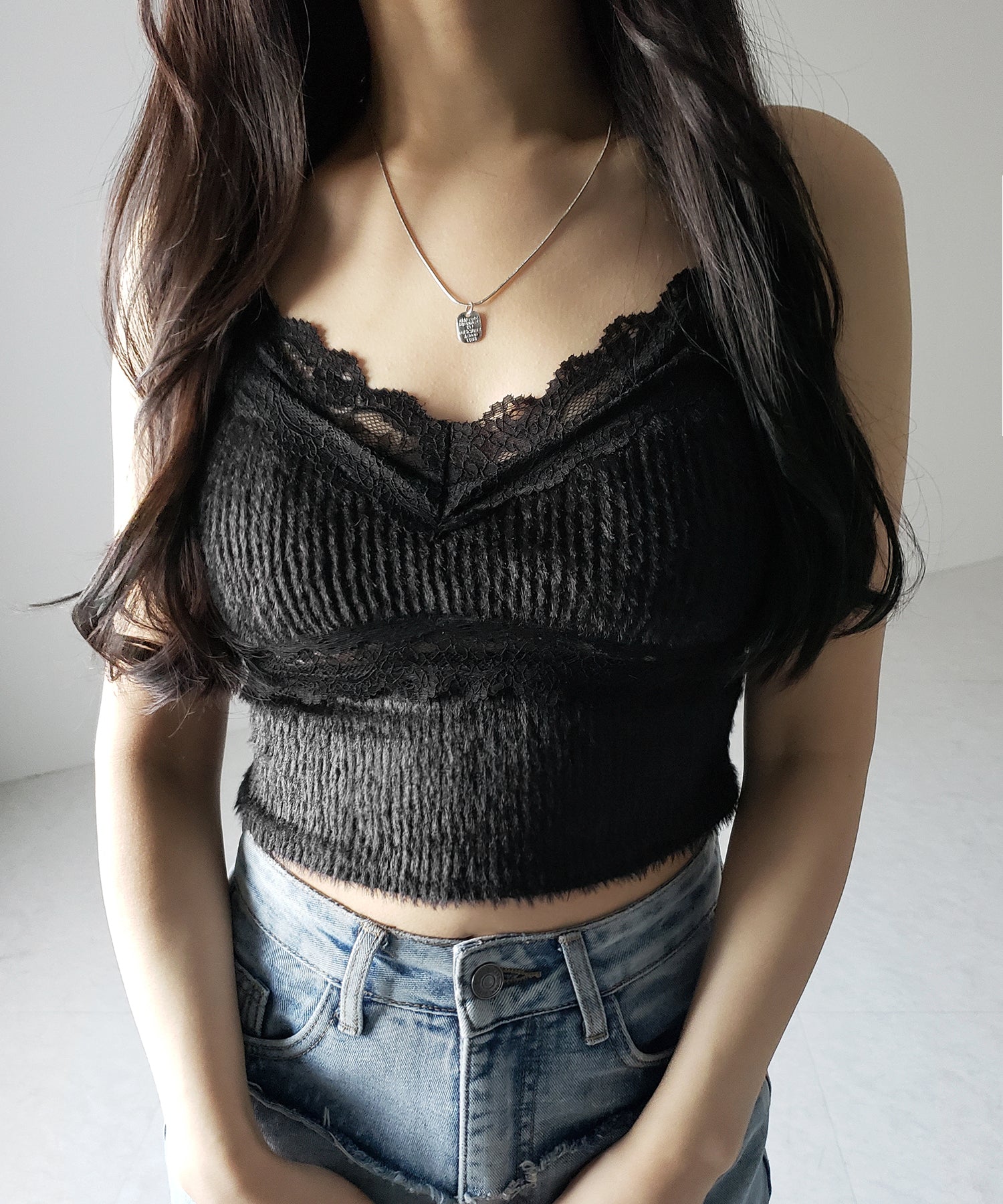 【 カップ付き 】ダブルレースシャギーファーショートビスチェキャミソール / double lace shaggy fur short bustier camisole