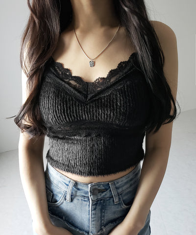 【 カップ付き 】ダブルレースシャギーファーショートビスチェキャミソール / double lace shaggy fur short bustier camisole