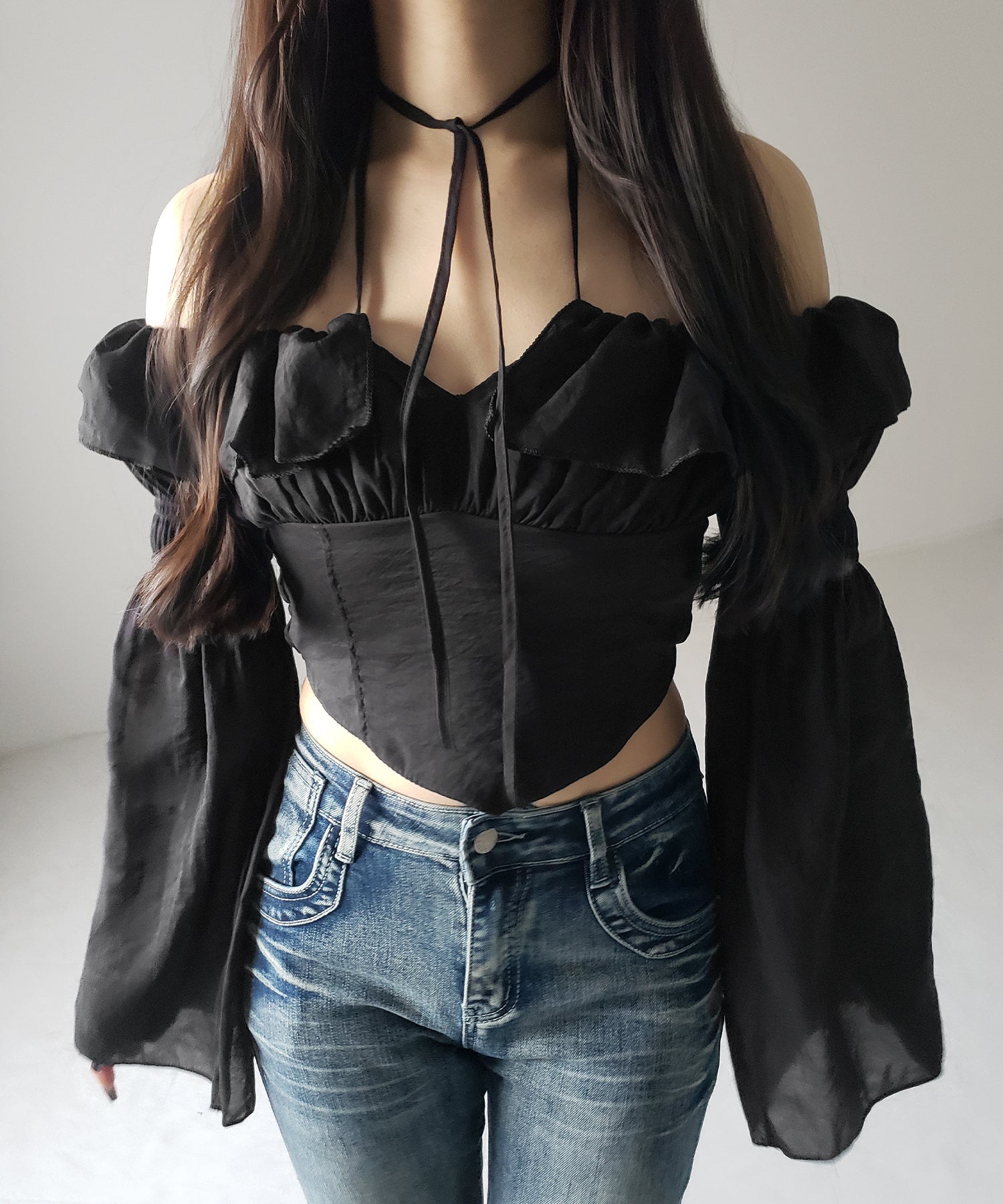 【3WAY 】チョーカーリボンフレアスリーブオフショルブラウス / choker ribbon flare sleeve off-shoulder blouse