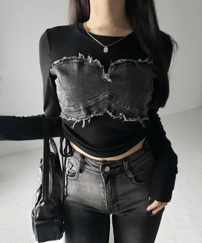 サイドリボンダメージデニムドッキングTシャツ / side ribbon damage denim docking Tee