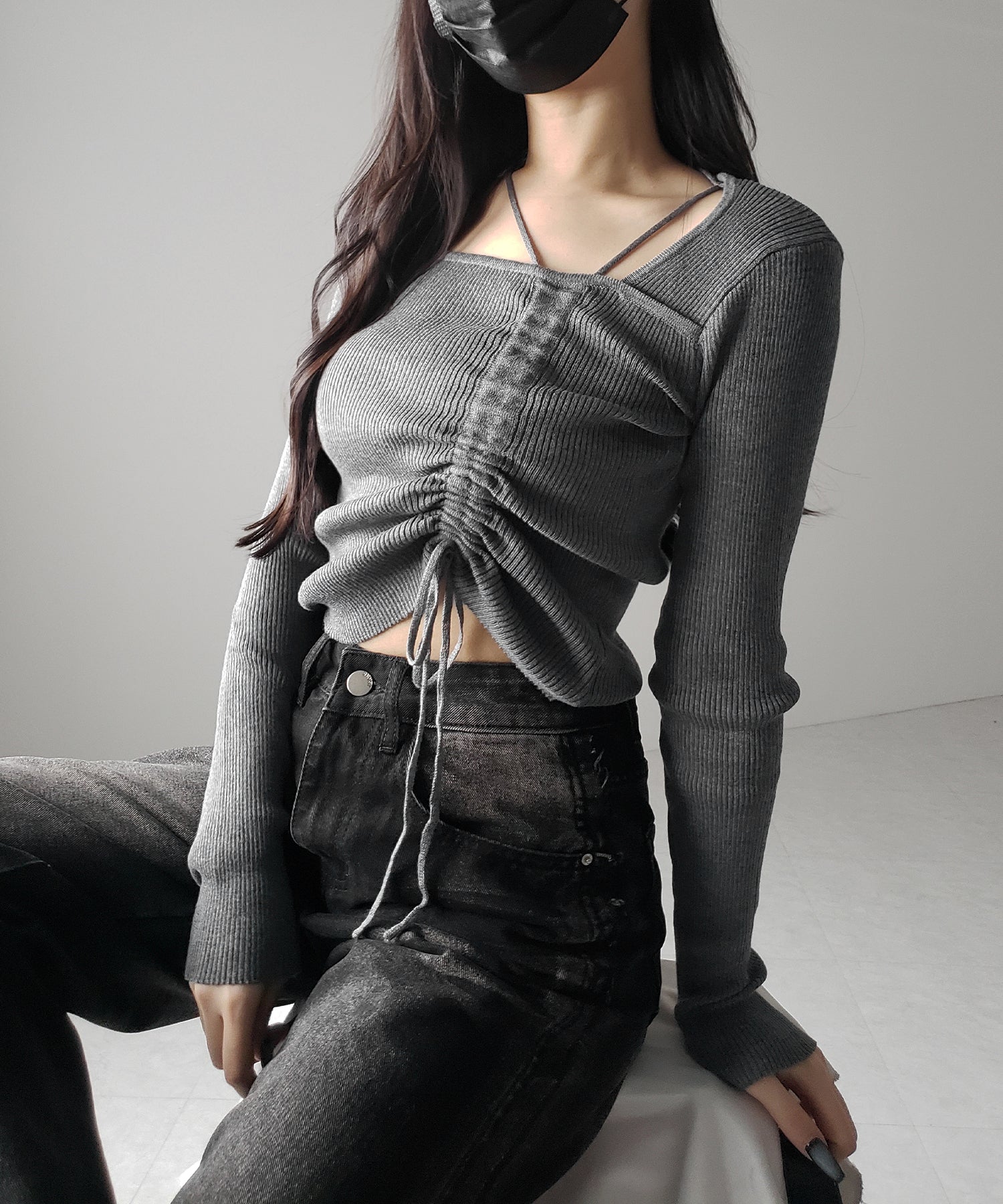 ダブルストラップシャーリングリボンリブニットトップス / double strap shirring ribbon ribbed knit tops