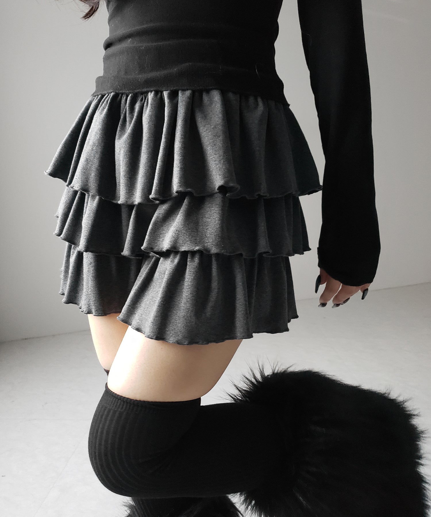 【 新色ピンク追加!4color 】3段フリルカットソーミニスカパン / 3 frill cutsew mini skirt pants