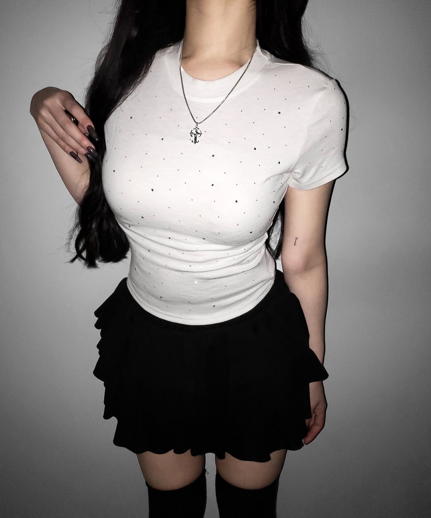 ラインストーン半袖タイトTシャツ / Rhinestone short sleeve tight T-shirt