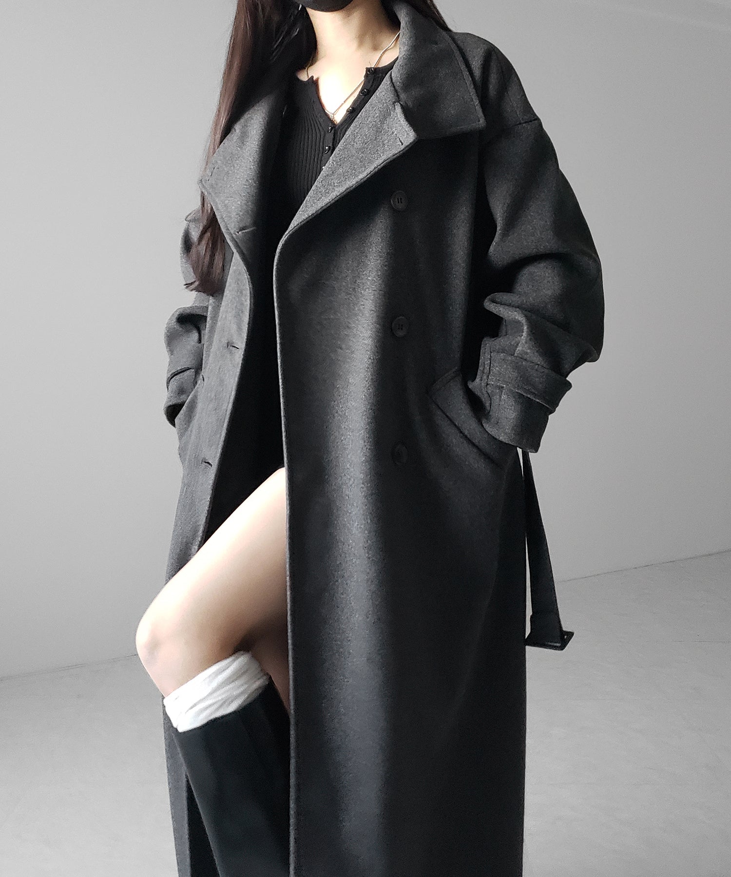 【 ウエストマークベルトSET 】2WAY スタンドカラーレディメルトントレンチロングコート / 2WAY stand collar lady melton trench long coat