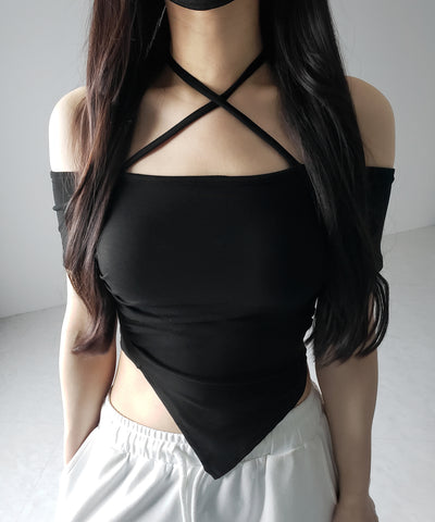 クロスネックアシメギャザーオフショルTシャツ / cross neck asymmetry gather off shoulder T-shirt