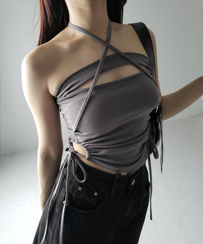 【 カップ付き / 2WAY 】クロスストラップリボンカットアウトショートキャミソール / cross strap ribbon cutout short camisole