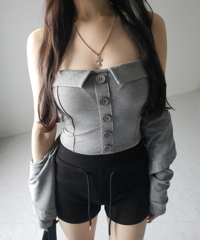 【 2点セット 】フロントボタンベアトップ + クロップドカットソーカーディガン SET / front button bare top + cropped cutsaw cardigan SET