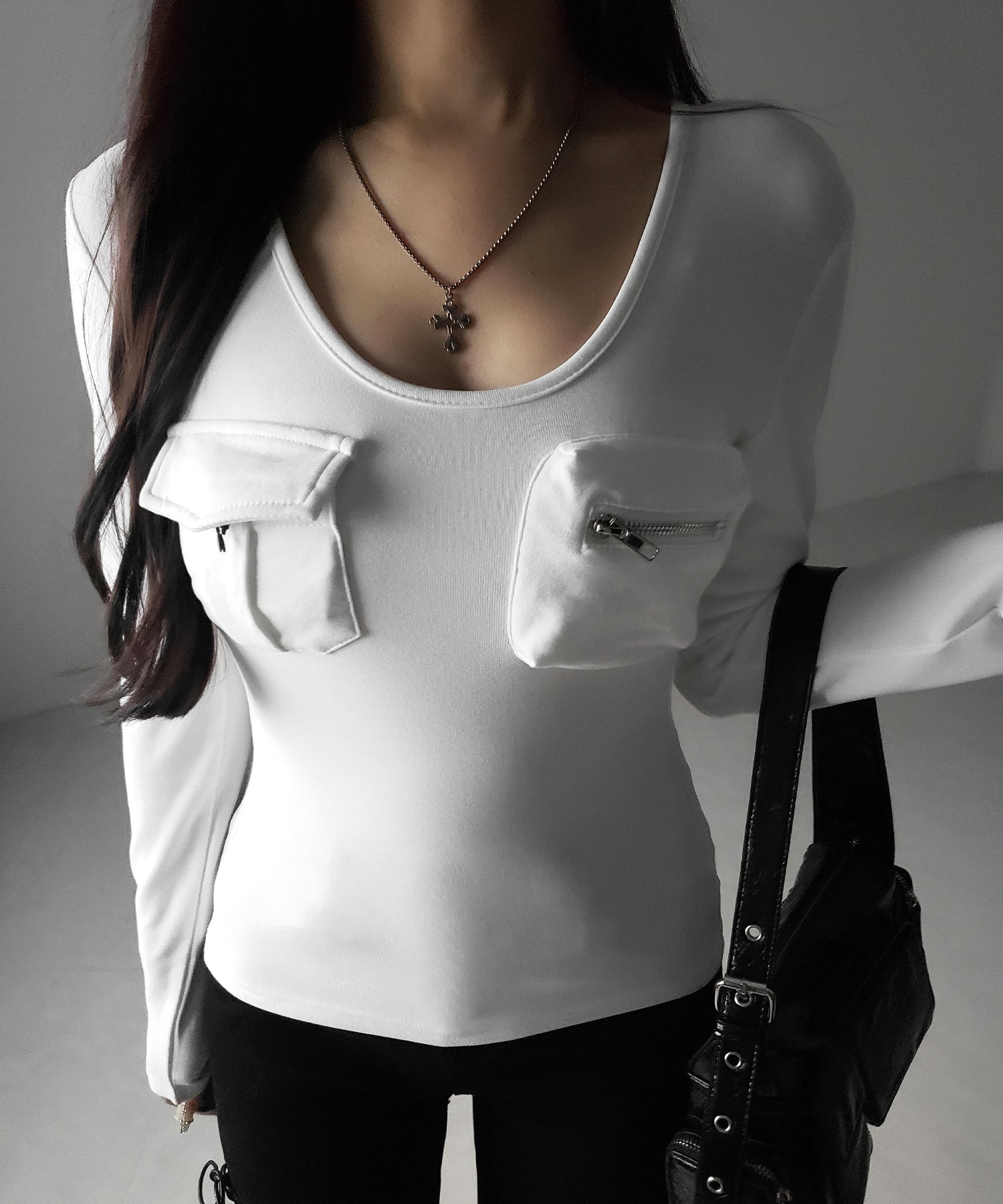 【 裏起毛 】アウトポケットオープンネックスリムトップス / out pocket open neck slim tops