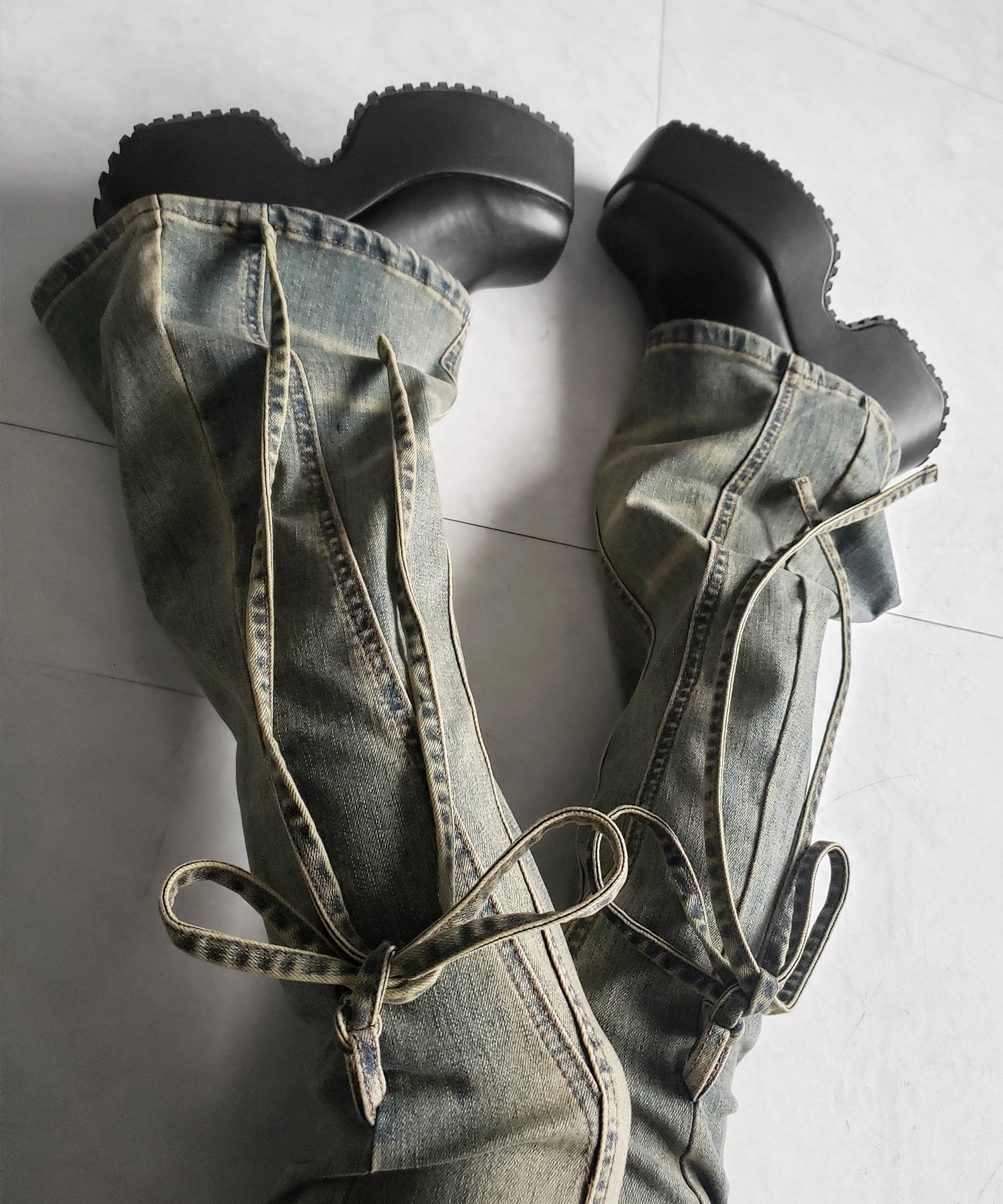 【 2color / 4size 】ストラップリボンヴィンテージストレッチフレアデニム / strap ribbon vintage stretch flare denim
