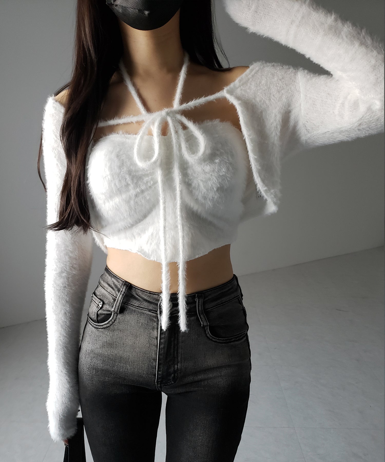 【 2点セット 】シャギーリボンベアトップス & ショートシャギーカーディガン SET / Shaggy ribbon bare tops & short shaggy cardigan