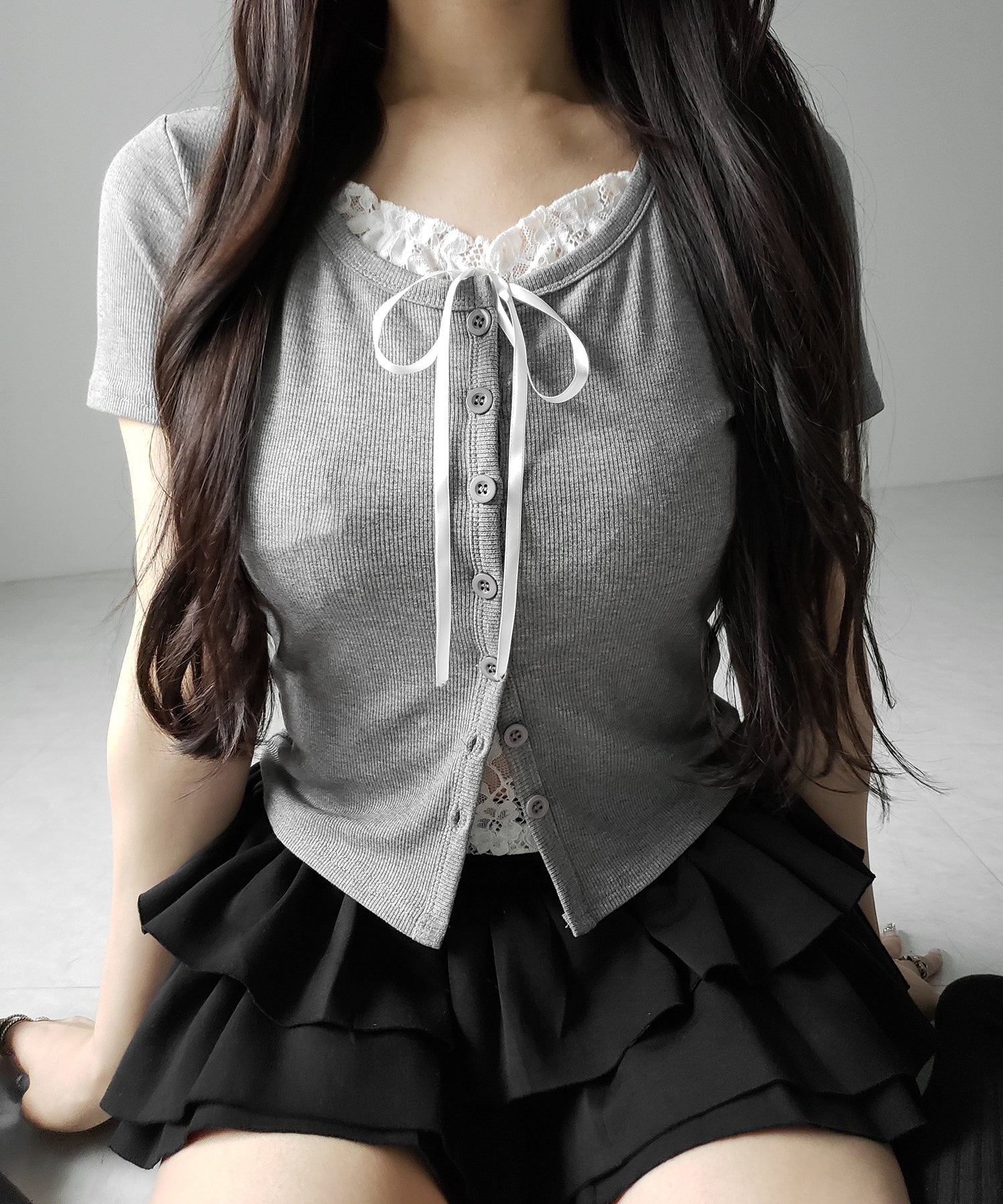 フロントリボンレースレイヤード半袖リブトップス /front ribbon lace layered short sleeve rib tops