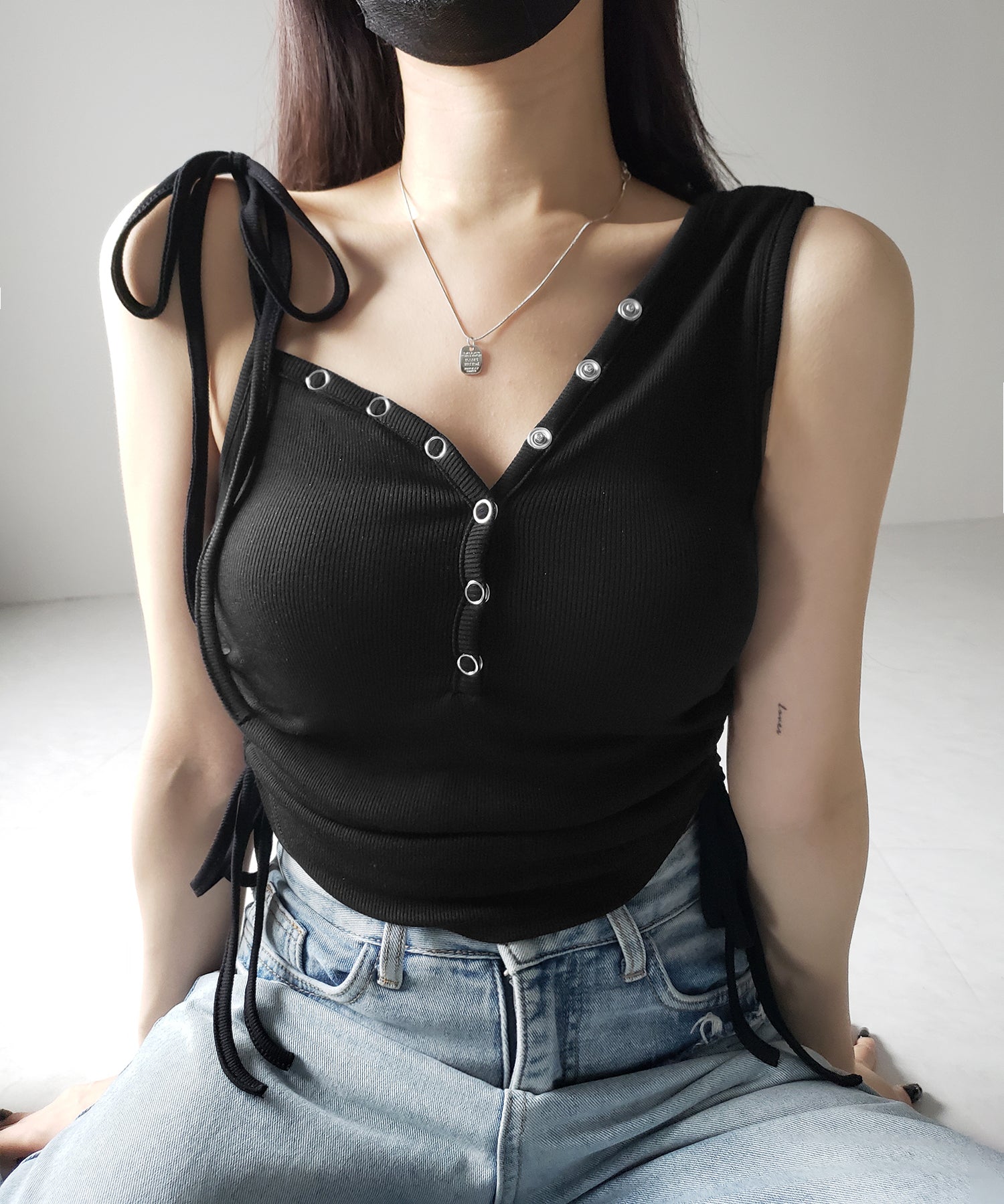 ショルダーリボンシャーリングキャミタンクトップ/ shoulder ribbon shirring cami tank top