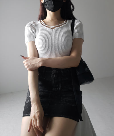 半袖クロスラインストラップデザインリブニット