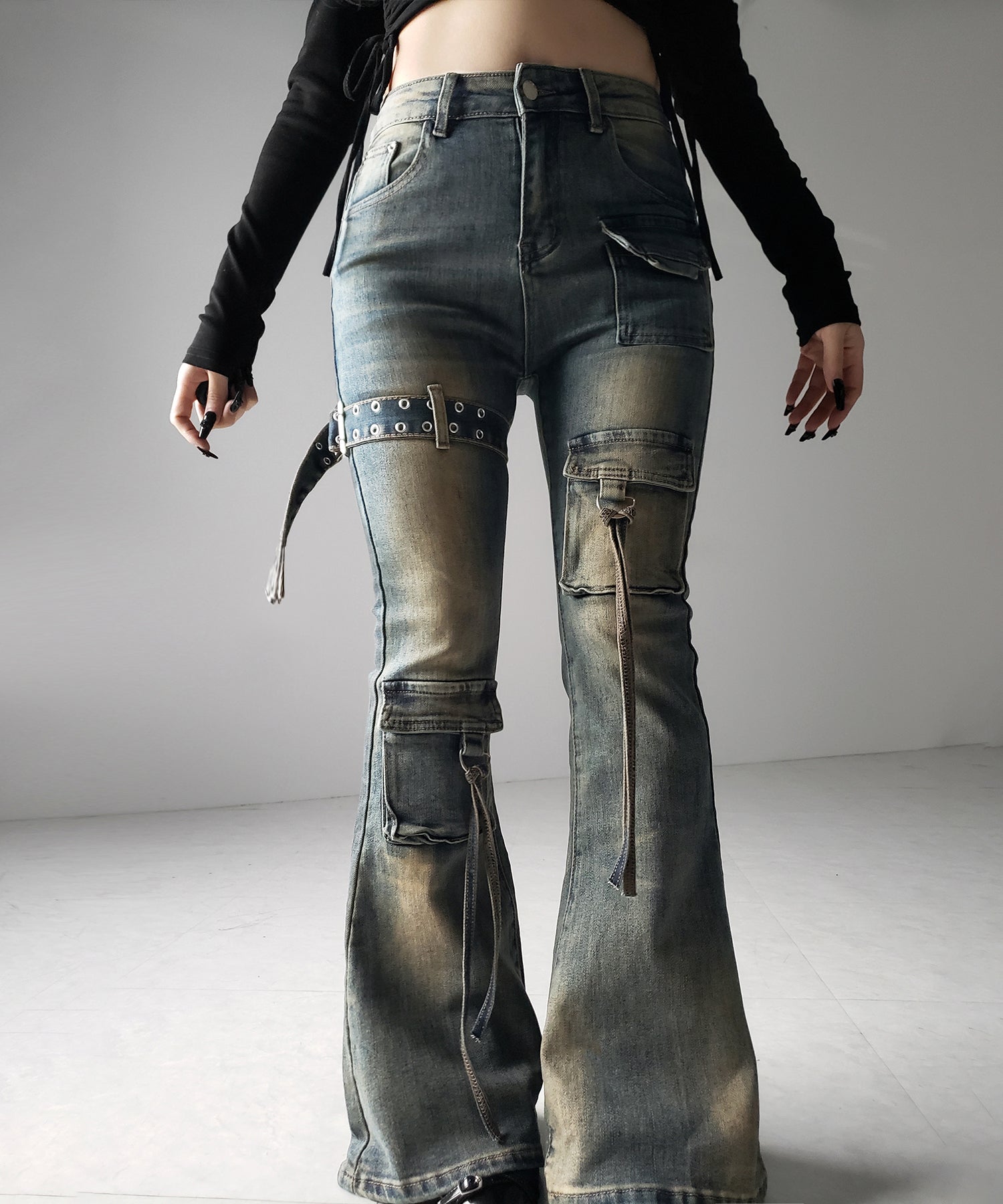 【 2color / 4size 】ベルテッドアウトポケットヴィンテージフレアデニム / belted out pocket vintage flare denim