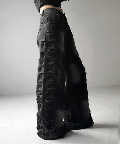 ヘビークラッシュサイドダメージブラックヴィンテージデニム / heavy crush side damage black vintage denim