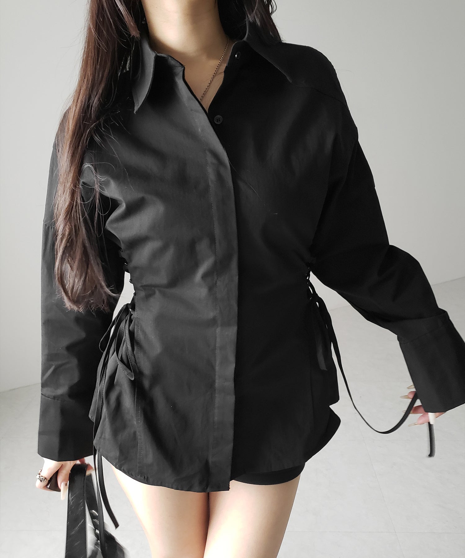 レースアップサイドリボンスリムラインシャツ / lace up side ribbon slim line shirt