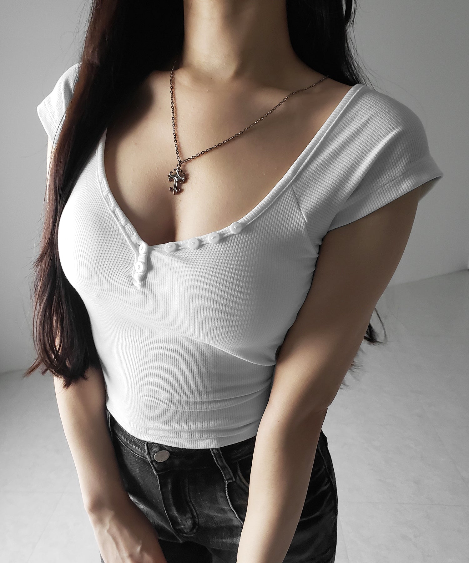 【 3color 】ミニボタンヘンリーネック半袖チビTシャツ / mini button Henley neck short sleeve chibi T-shirt
