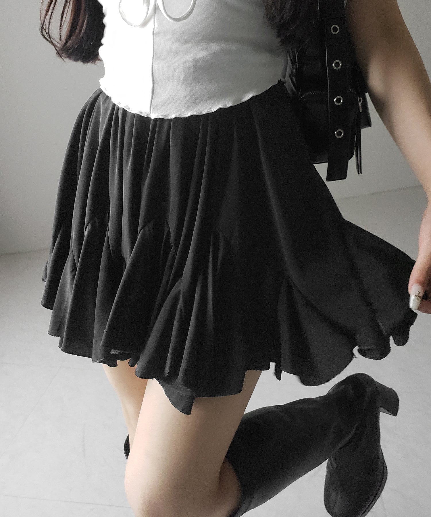 【 2color /インパン裏地付き 】ハイウエストドレープフレアミニスカート / high waist draped flare mini skirt