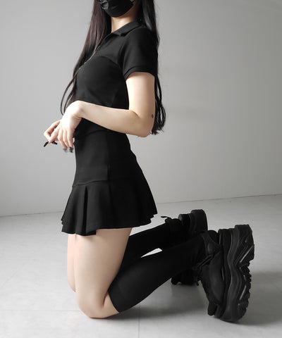 【 2点セット 】スキッパーネック半袖Tシャツ & プリーツミニスカート ワンホンセットアップ / skipper neck short sleeve T-shirt & pleated mini skirt wanghong setup