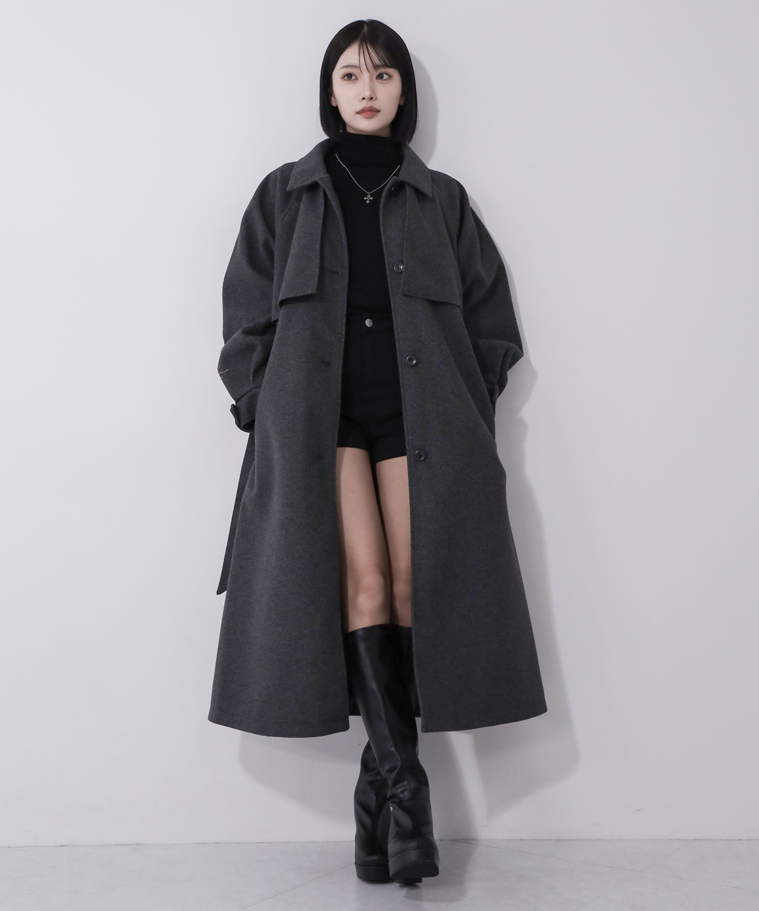 【 ウエストマークベルトSET 】2WAY ステンカラーレディメルトンロングコート / 2WAY soutien collar lady melton long coat