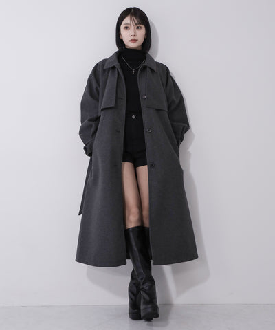 【 ウエストマークベルトSET 】2WAY ステンカラーレディメルトンロングコート / 2WAY soutien collar lady melton long coat