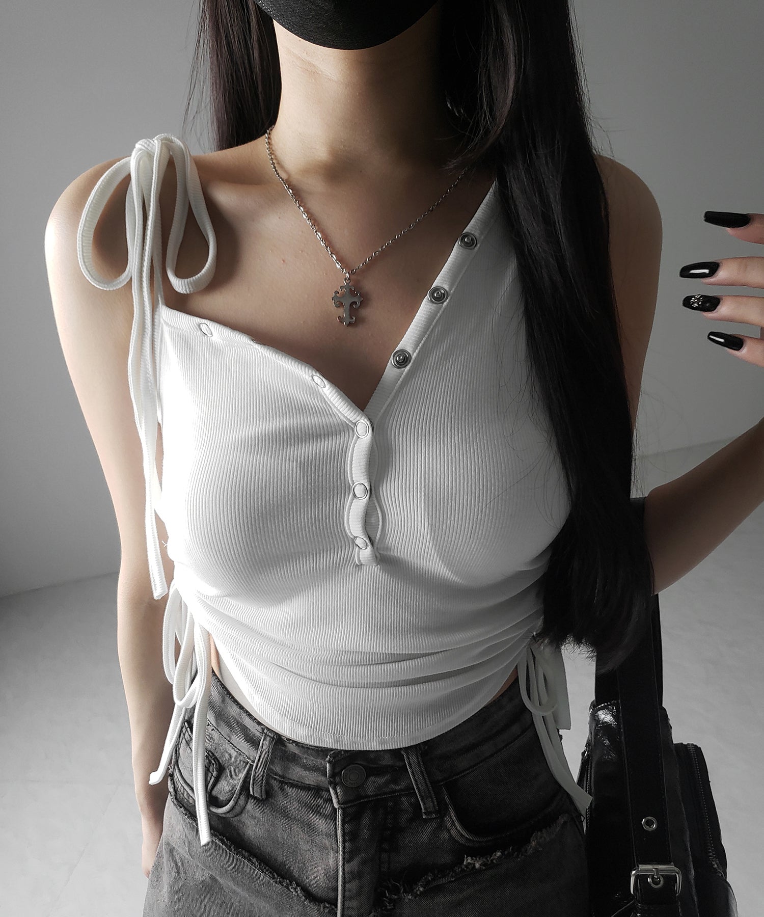 ショルダーリボンシャーリングキャミタンクトップ/ shoulder ribbon shirring cami tank top