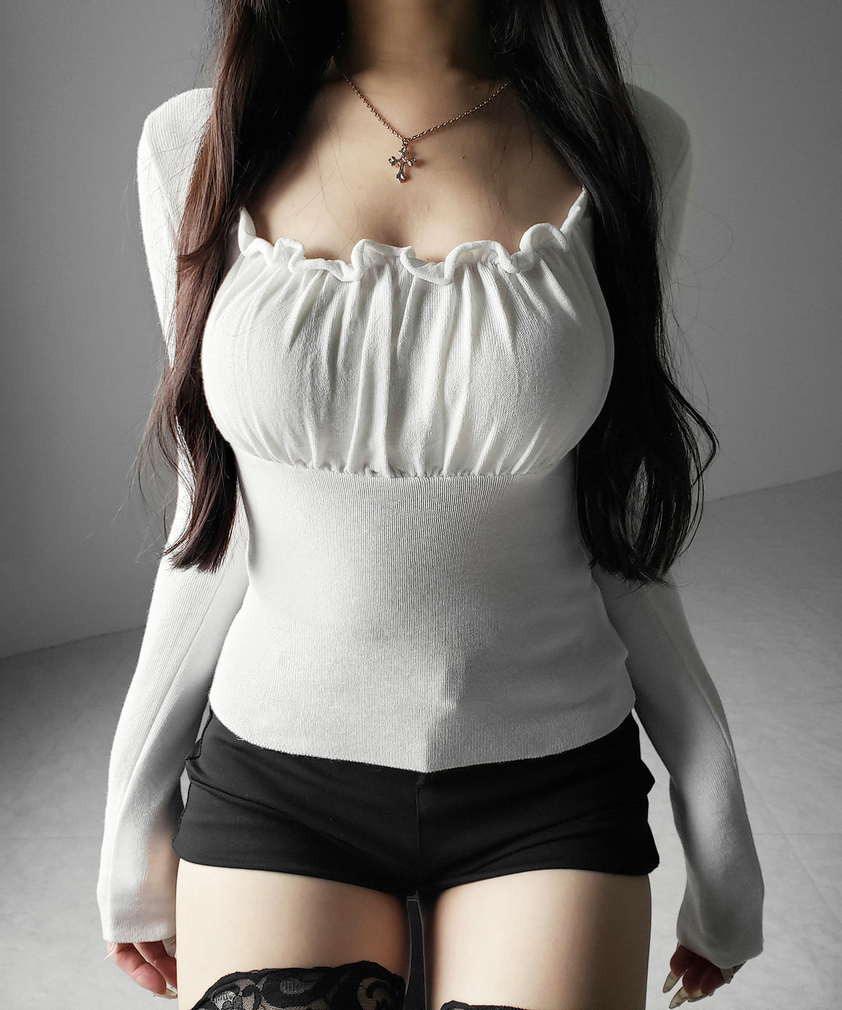 フリルギャザースクエアネック長袖ニットトップス / frill gather square neck longsleeve knit tops
