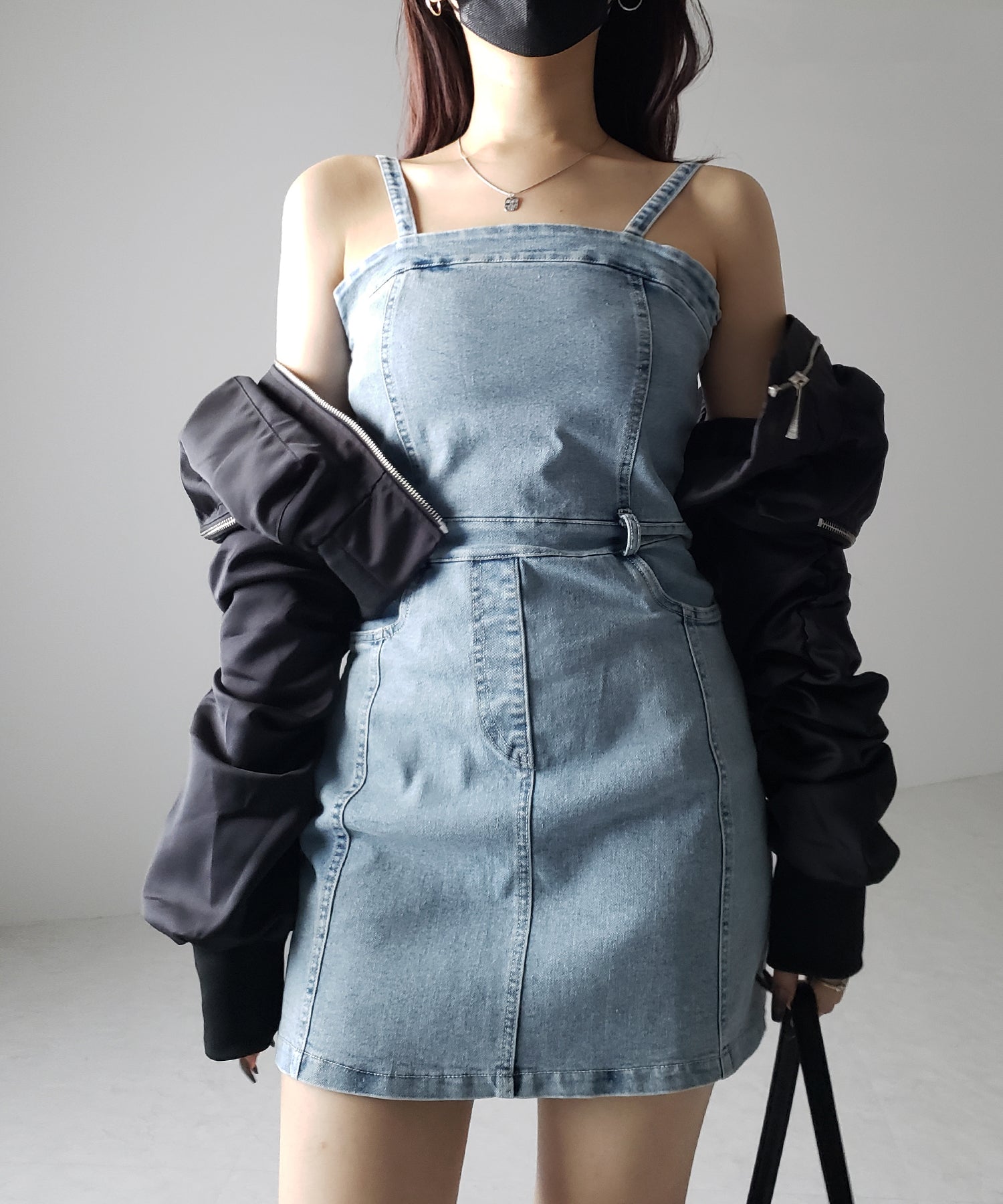 【 2color 】ウォッシュデニムハイウエストミニキャミワンピース / wash denim high waist mini cami onepiece
