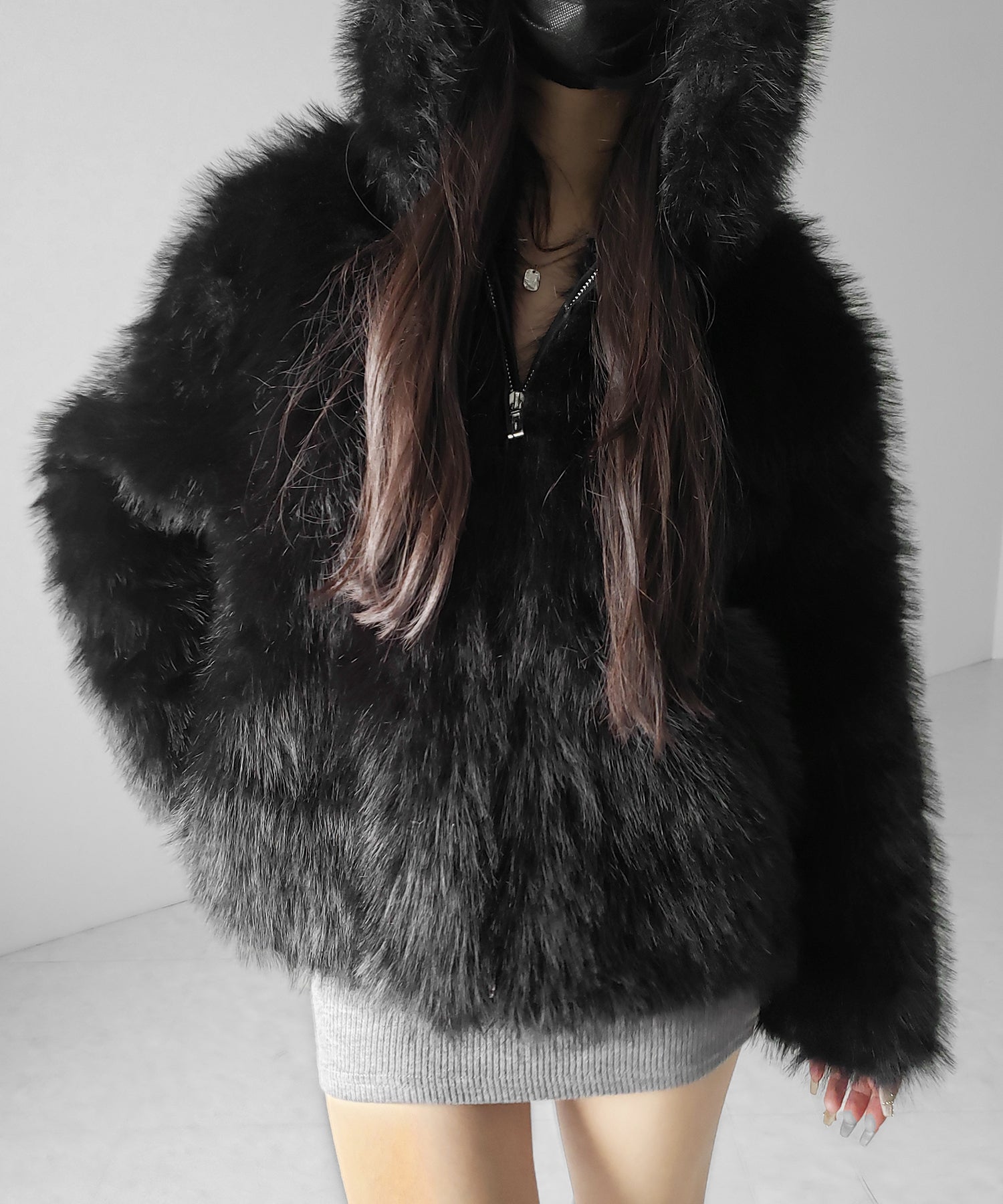 フェイクファーフーディミドルコート / fake fur hoodie middle coat
