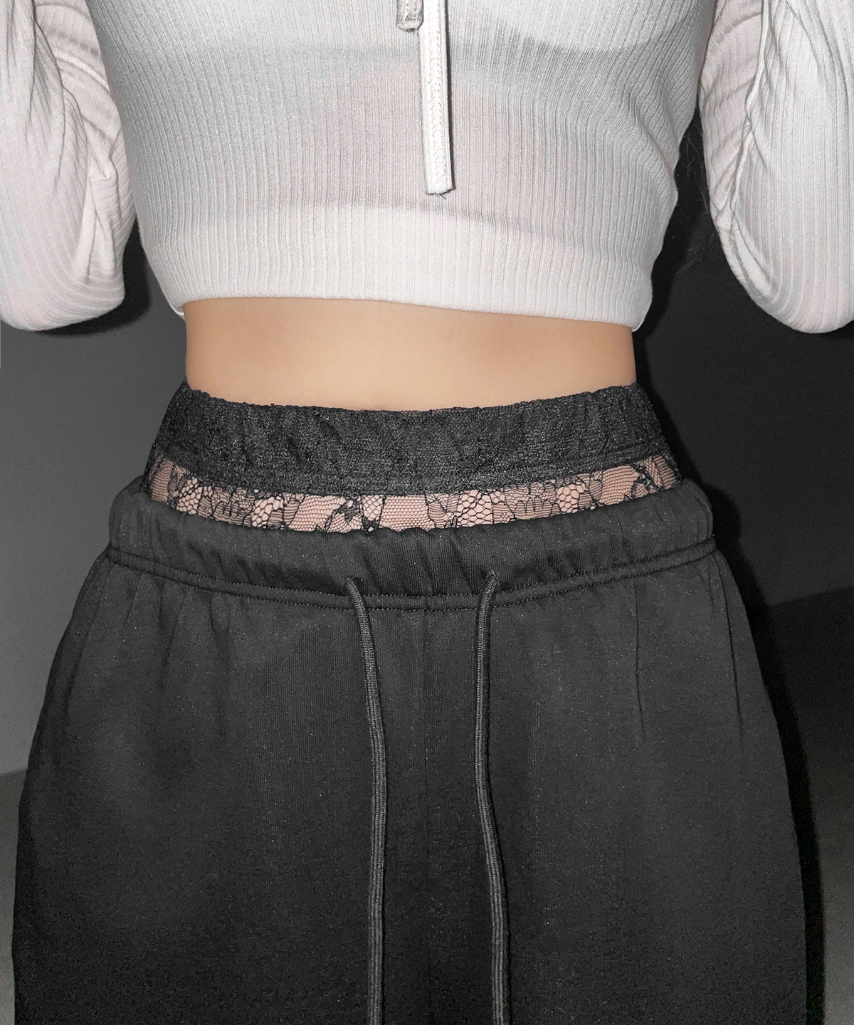ウエストレースレイヤードスウェットパンツ / waist lace layered sweat pants