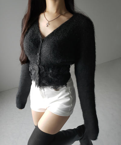 レースドッキングモヘアライクニットカーディガン / Lace docking mohair-like knit cardigan