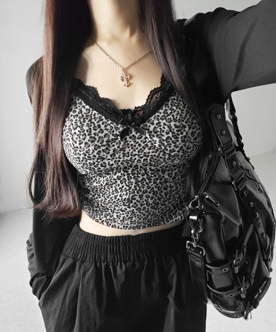 【 2点セット 】ドッキングレースレオパードキャミソール + カーディガン SET / docking lace leopard camisole + cardigan SET
