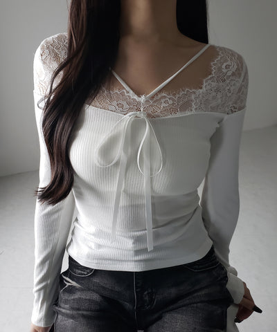 クロスストラップレース切替リブトップス / cross strap lace switching ribbed tops