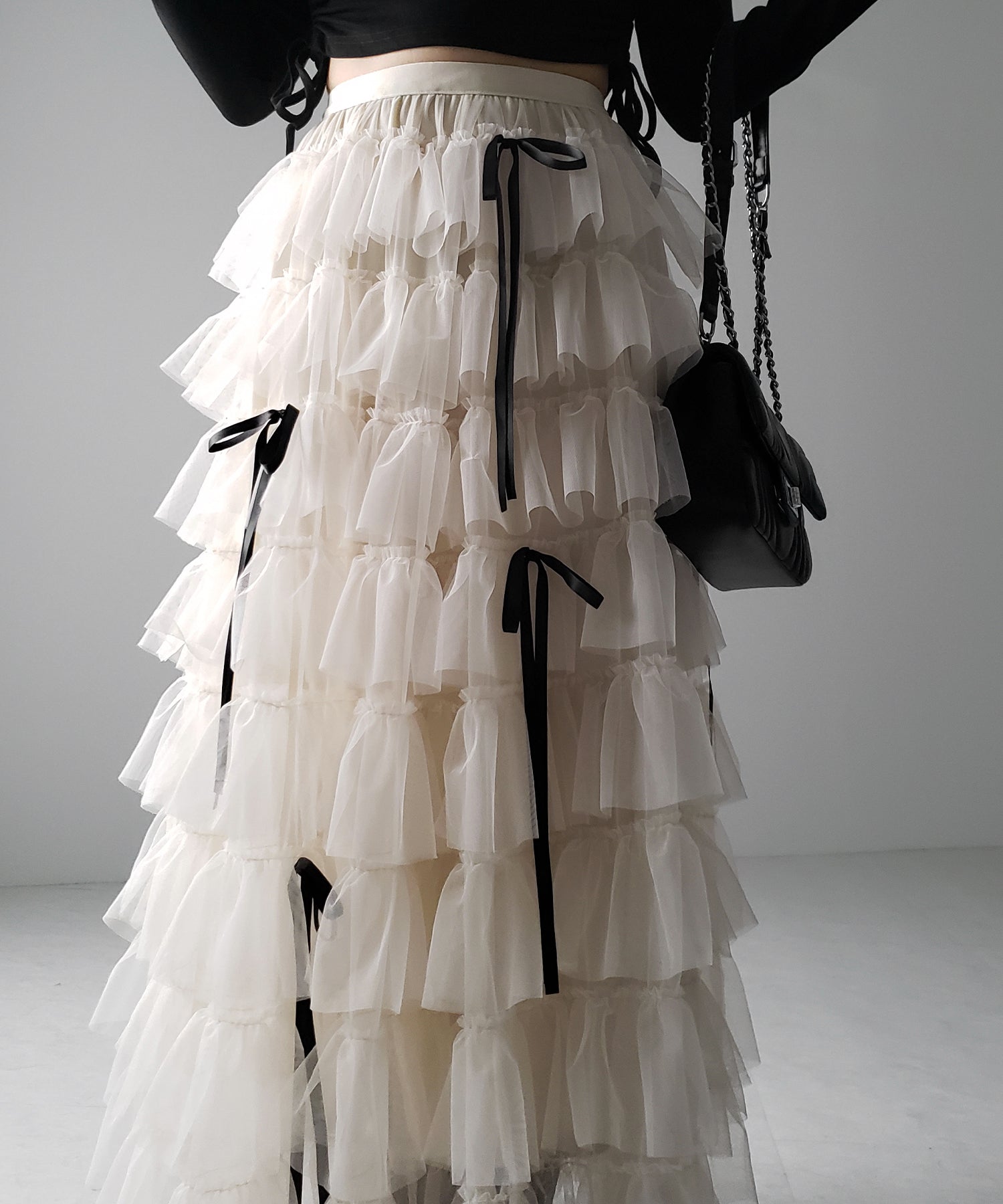 【 新色ピンク追加!/5color 】ストラップリボンバレエコアチュールスカート /strap ribbon ballet core tulle skirt