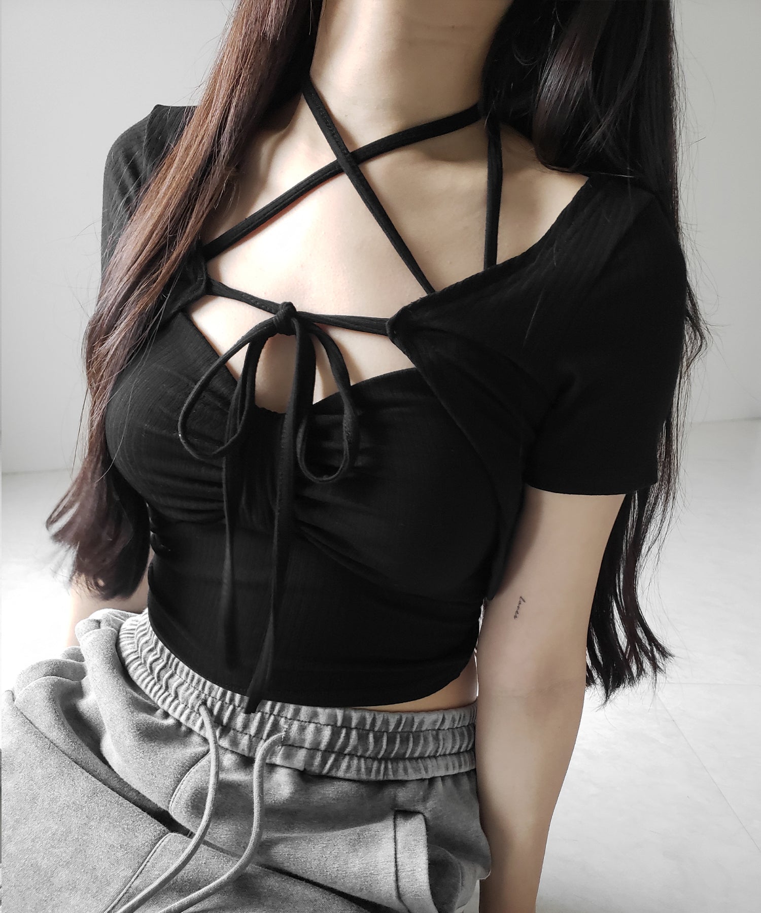 【 2点セット 】 2WAYストラップリブキャミソール + フロントリボンショートカーディガン SET / 2WAY strap lib camisole + front ribbon short cardigan