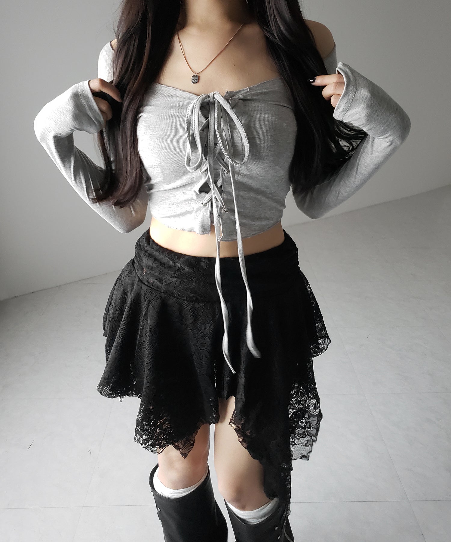 【 インパン裏地付】アシンメトリーフリルレースミニスカート / asymmetry frill lace mini skirt