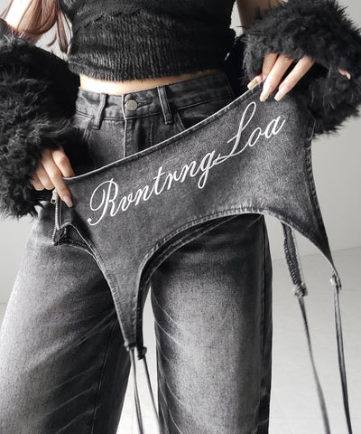 【 2WAY 】レタリングロゴ刺繍ガーターヴィンテージワイドデニム / lettering logo embroidery garter vintage wide denim