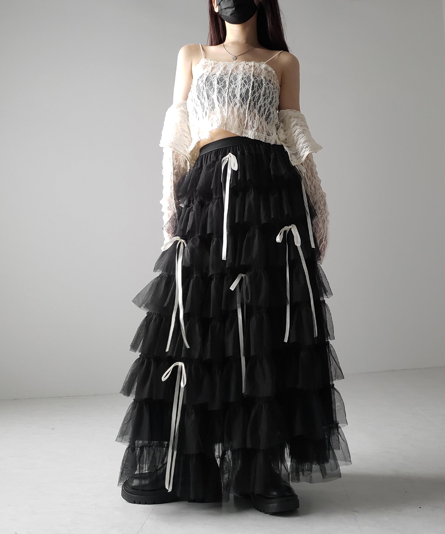 【 新色ピンク追加!/5color 】ストラップリボンバレエコアチュールスカート /strap ribbon ballet core tulle skirt