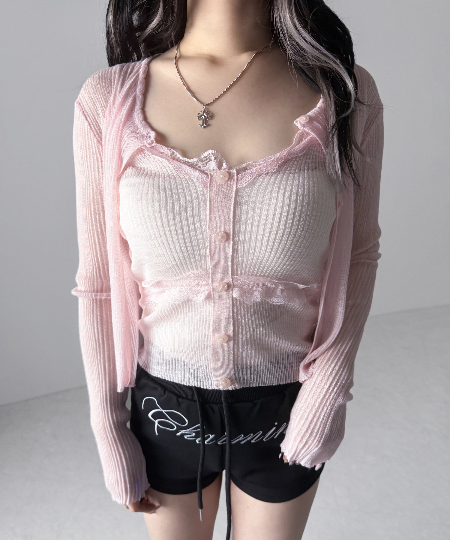 【 2点セット 】フロントレースシアーニットキャミソール +カーディガン SET / front lace sheer knit camisole + cardigan set